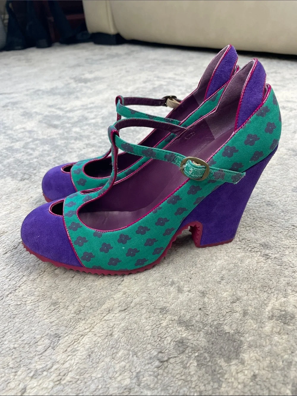Vintage Marc Jacobs Purple Teal T-Strap Wedge Heels Retro Flower Sz 35.5